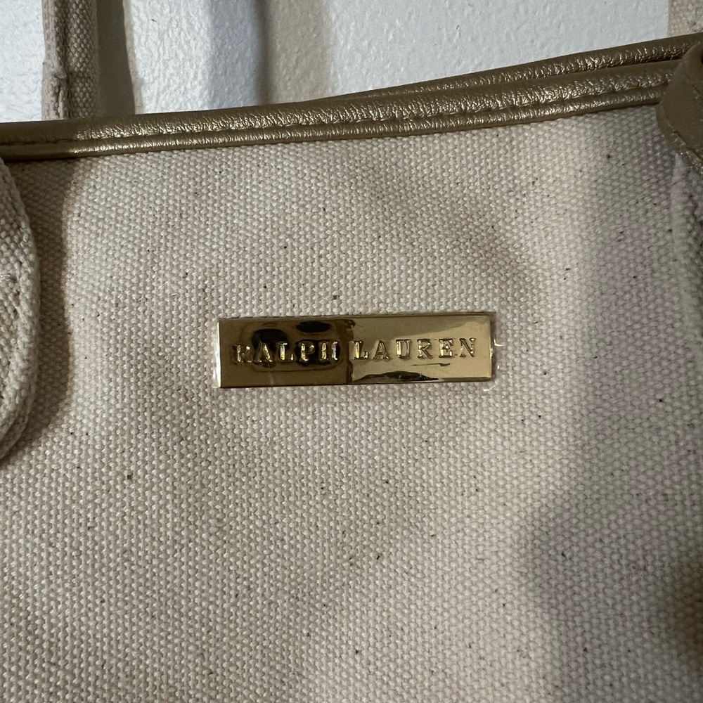 Ralph Lauren Tote Bag Canvas Purse Beach Shoulder Bag Gold Cream Holdall
